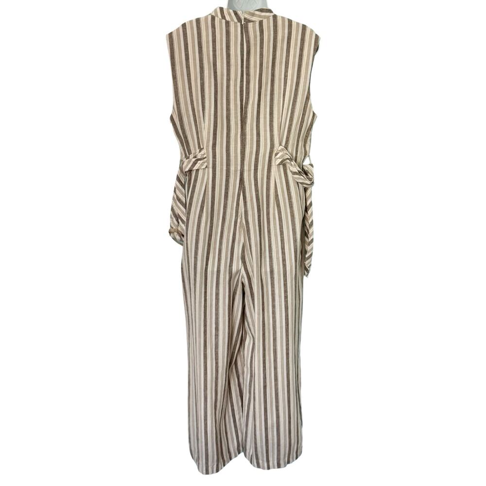 Calvin Klein White Beige Mock Neck Pinstripe Linen Blend Cropped Jumpsuit sz 12 - Picture 5 of 16
